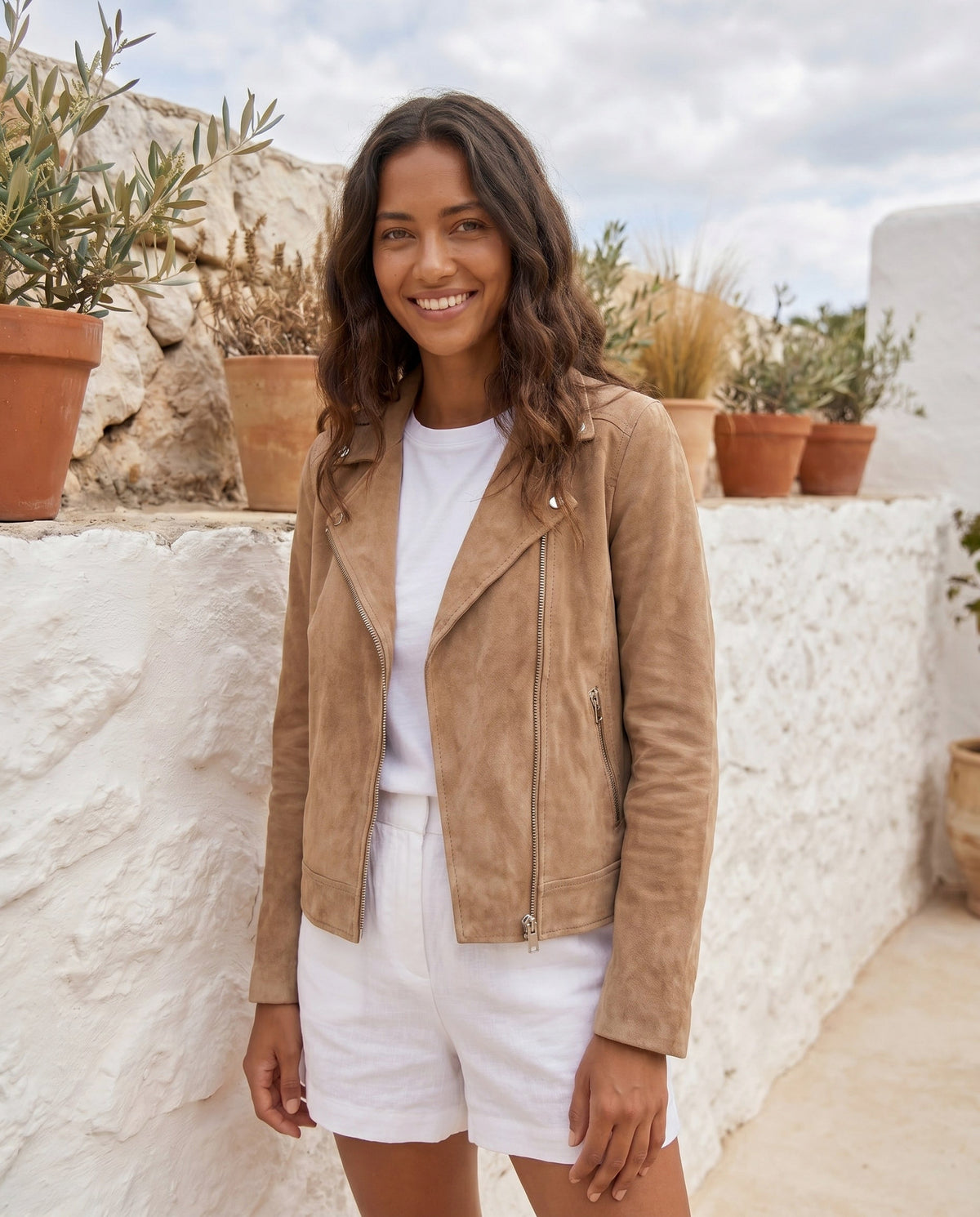 Hip Length Faux Suede Moto Jacket