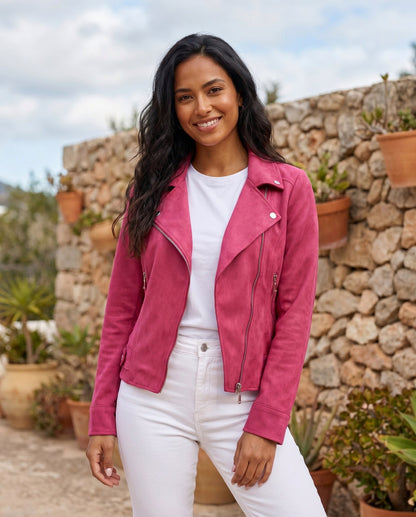 Hip Length Faux Suede Moto Jacket in Pink
