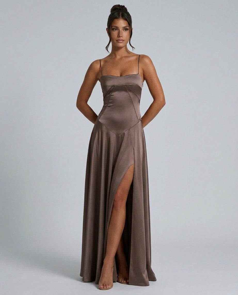 Sweetheart A Line Maxi Dress in Brown