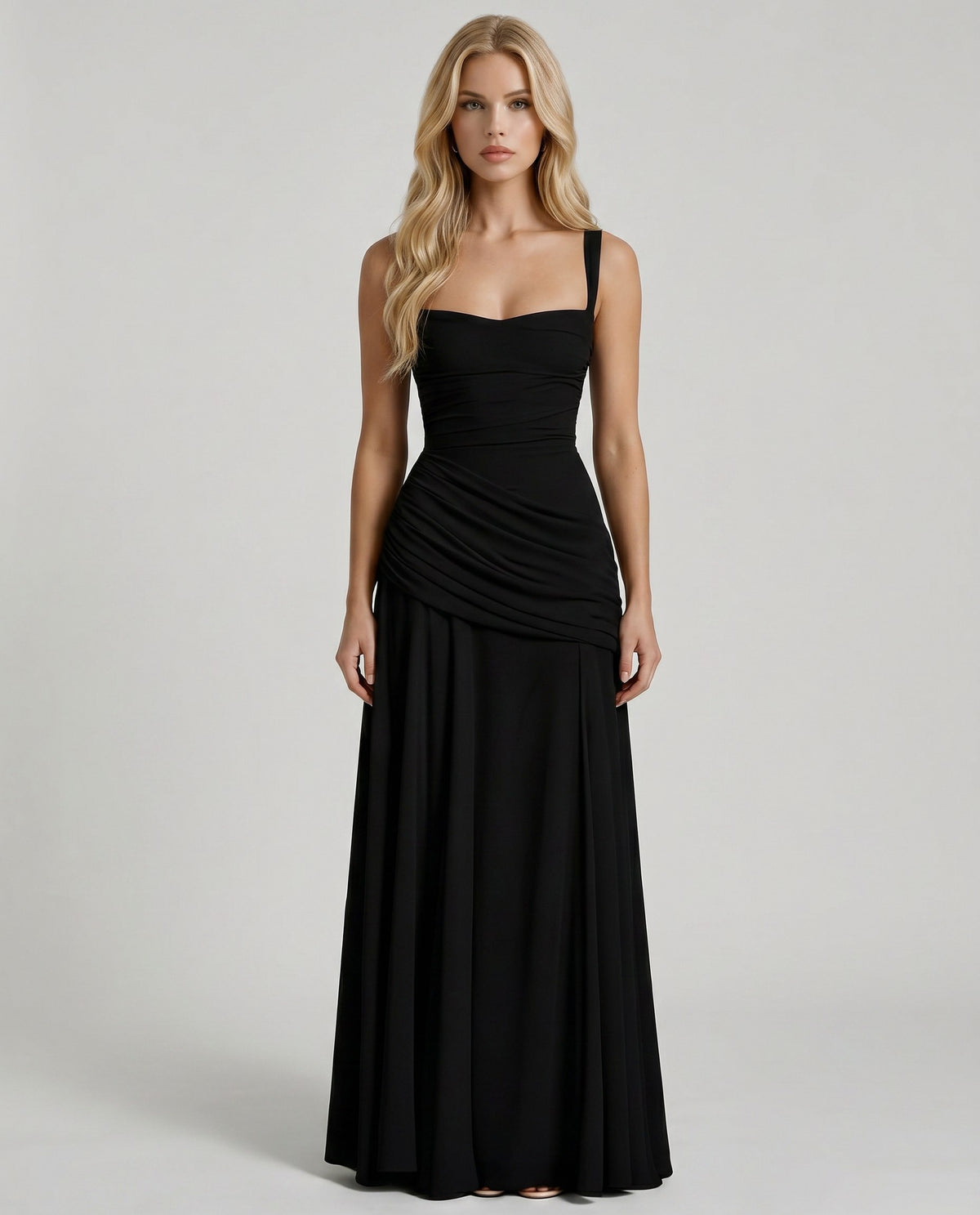 Sweetheart Ruched Drop Waist Maxi Dress in Black