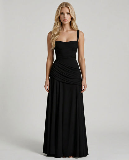 Sweetheart Ruched Drop Waist Maxi Dress in Black