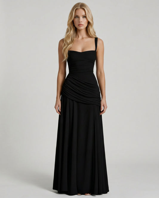 Sweetheart Ruched Drop Waist Maxi Dress in Black