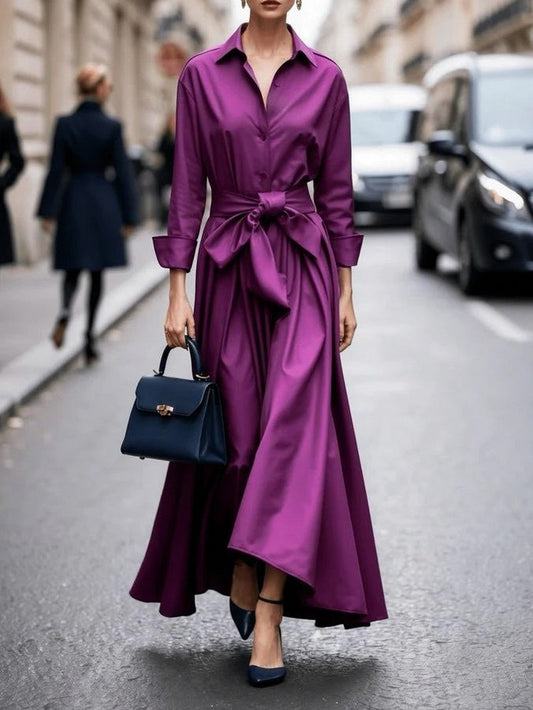 Tie Waist Long Sleeve Maxi Shirt Dress in Purple