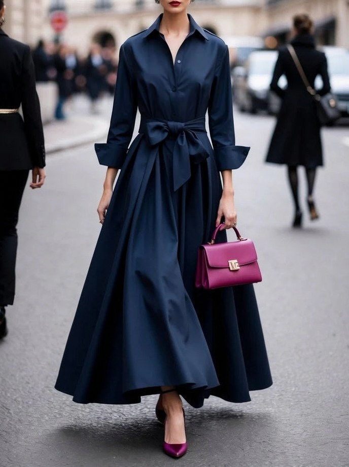 Tie Waist Long Sleeve Maxi Shirt Dress in Navy
