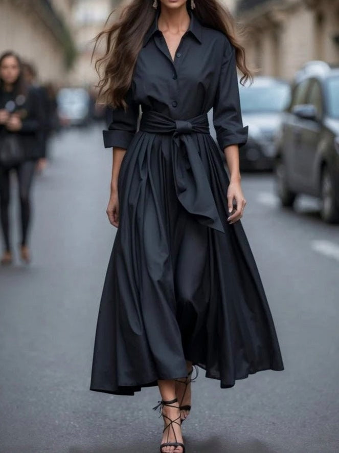 Tie Waist Long Sleeve Maxi Shirt Dress in Black