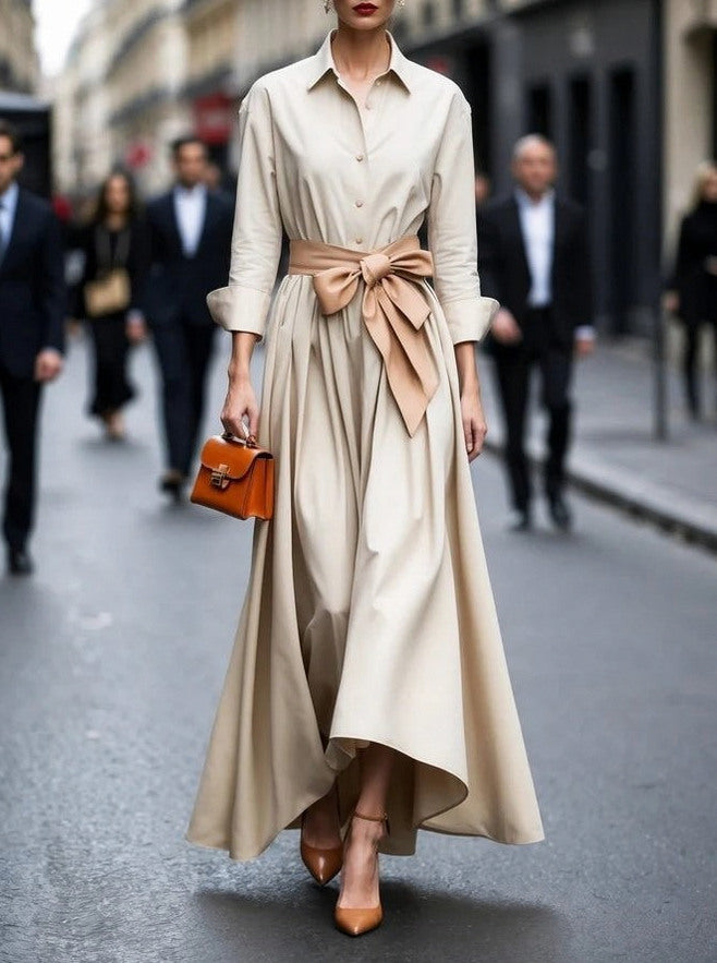Tie Waist Long Sleeve Maxi Shirt Dress in Beige
