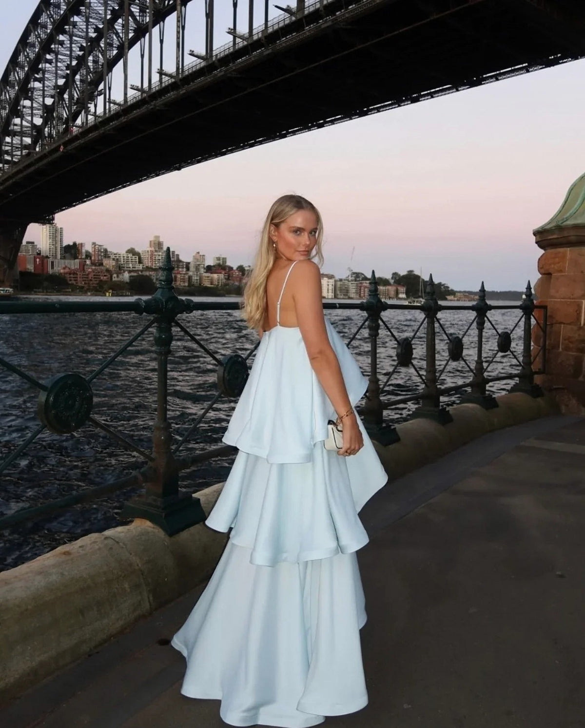 Tiered Satin Spaghetti Strap Maxi Dress in Blue