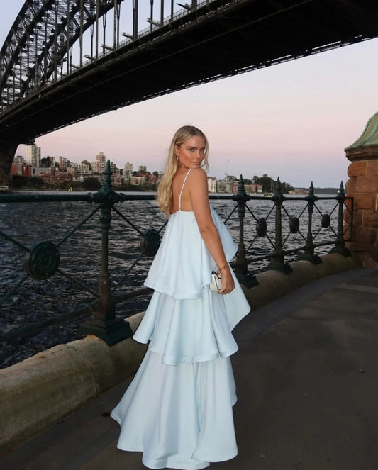 Tiered Satin Spaghetti Strap Maxi Dress in Blue