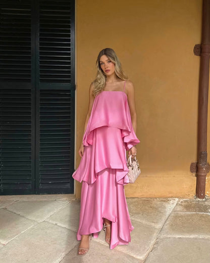 Tiered Satin Spaghetti Strap Maxi Dress in Pink