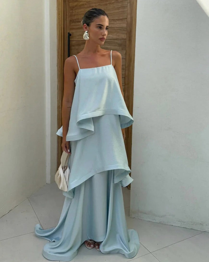 Tiered Satin Spaghetti Strap Maxi Dress