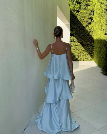 Tiered Satin Spaghetti Strap Maxi Dress
