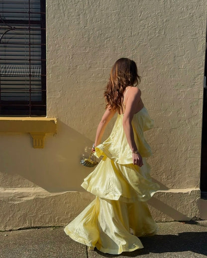 Tiered Satin Spaghetti Strap Maxi Dress