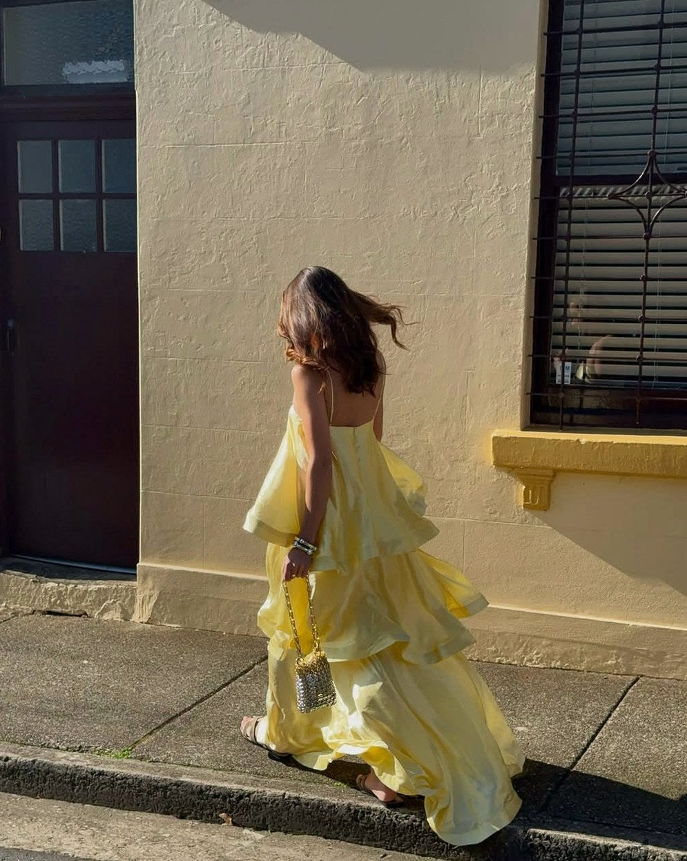 Tiered Satin Spaghetti Strap Maxi Dress