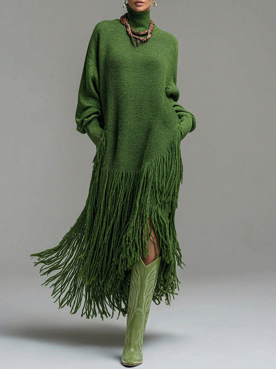 Turtleneck Fringe Knit Midi Dress in Green