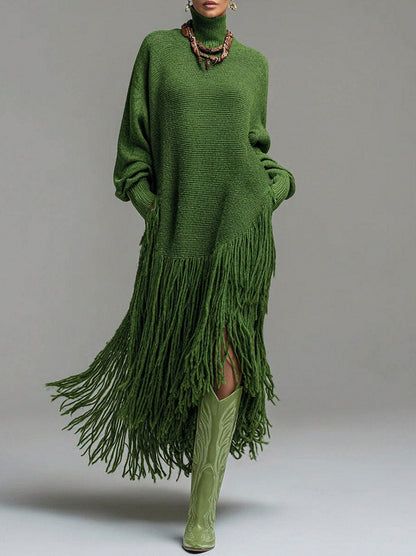 Turtleneck Fringe Knit Midi Dress in Green