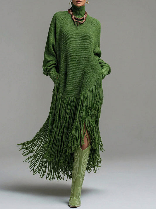 Turtleneck Fringe Knit Midi Dress in Green