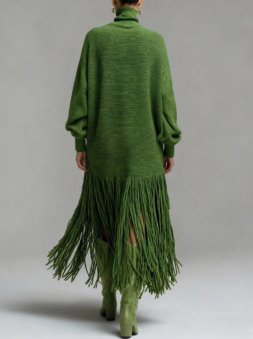 Turtleneck Fringe Knit Midi Dress