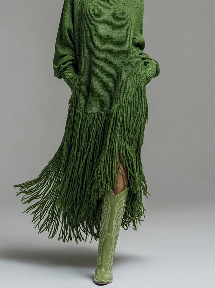 Turtleneck Fringe Knit Midi Dress