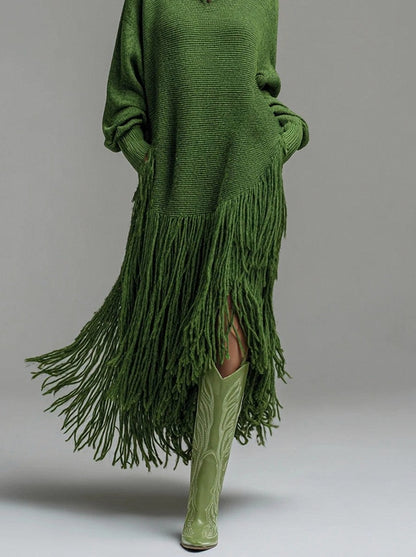 Turtleneck Fringe Knit Midi Dress
