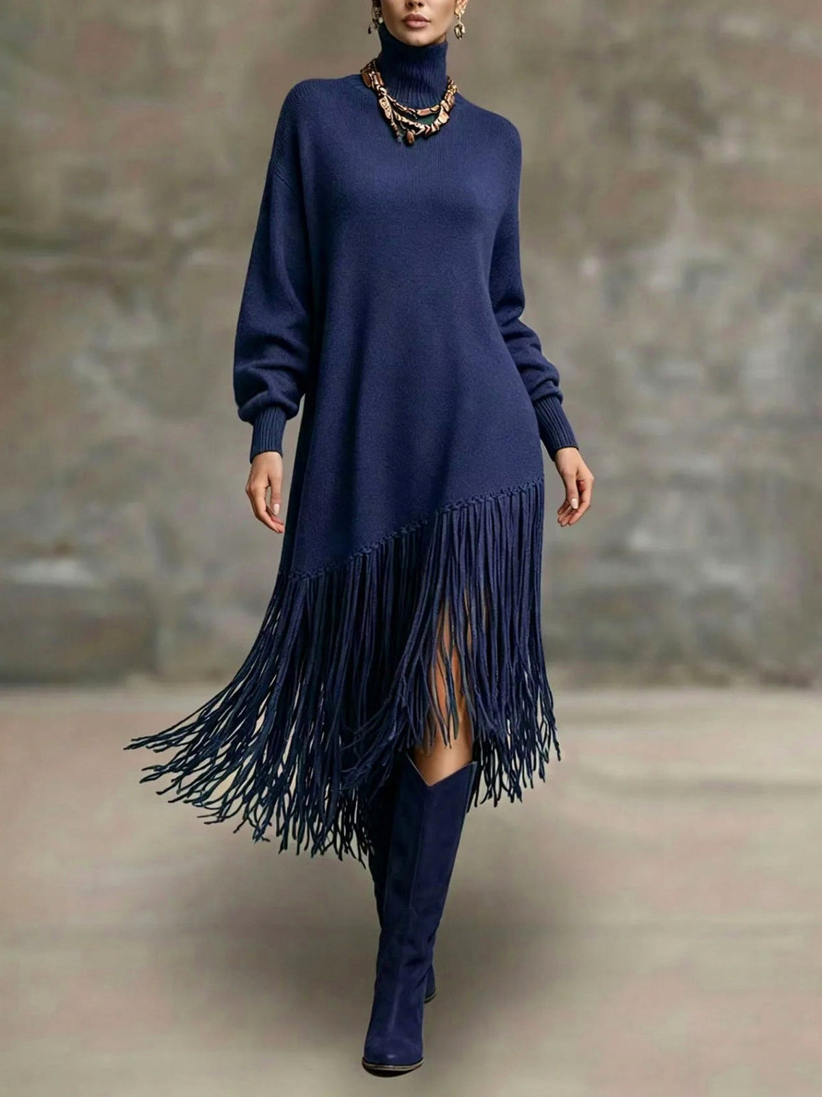 Turtleneck Fringe Knit Midi Dress in Blue