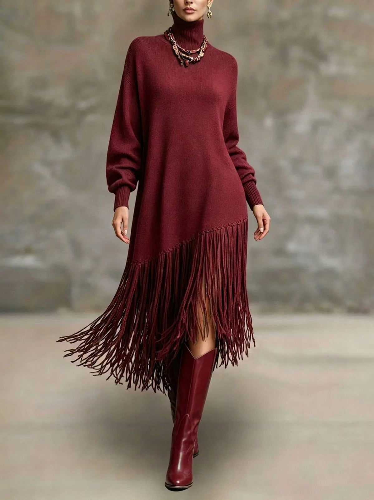 Turtleneck Fringe Knit Midi Dress in Red