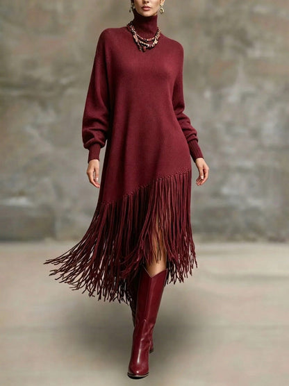Turtleneck Fringe Knit Midi Dress in Red