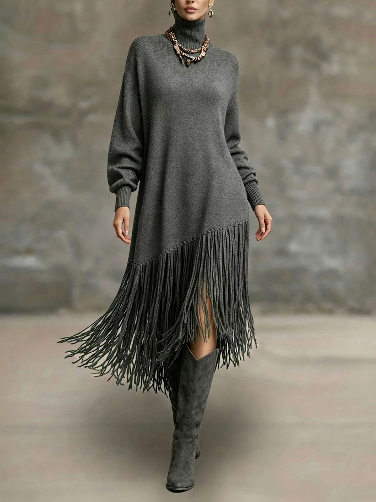 Turtleneck Fringe Knit Midi Dress in Gray
