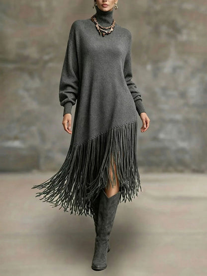Turtleneck Fringe Knit Midi Dress in Gray