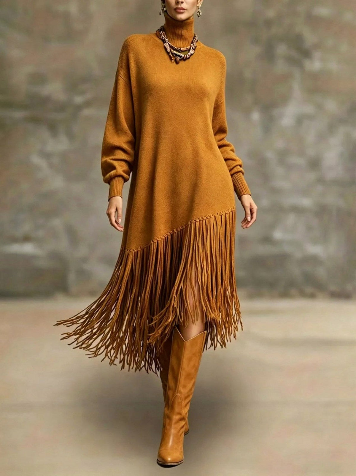 Turtleneck Fringe Knit Midi Dress in Orange