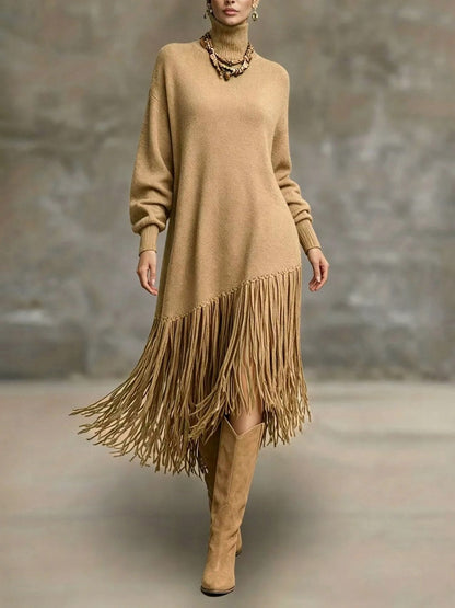 Turtleneck Fringe Knit Midi Dress in Khaki