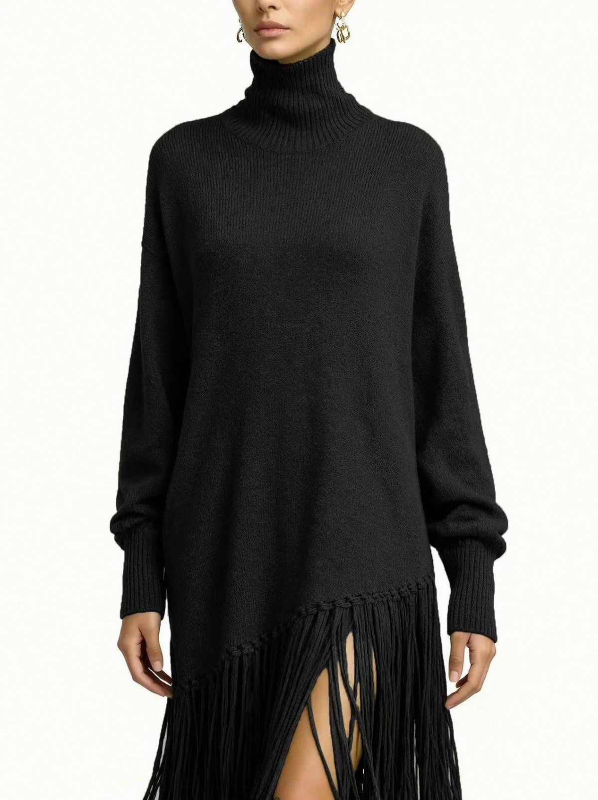 Turtleneck Fringe Knit Midi Dress in Black