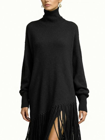 Turtleneck Fringe Knit Midi Dress in Black