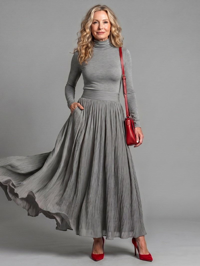 Turtleneck Sweater and Pleated Maxi Skirt Set in Gray