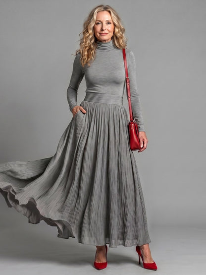 Turtleneck Sweater and Pleated Maxi Skirt Set in Gray