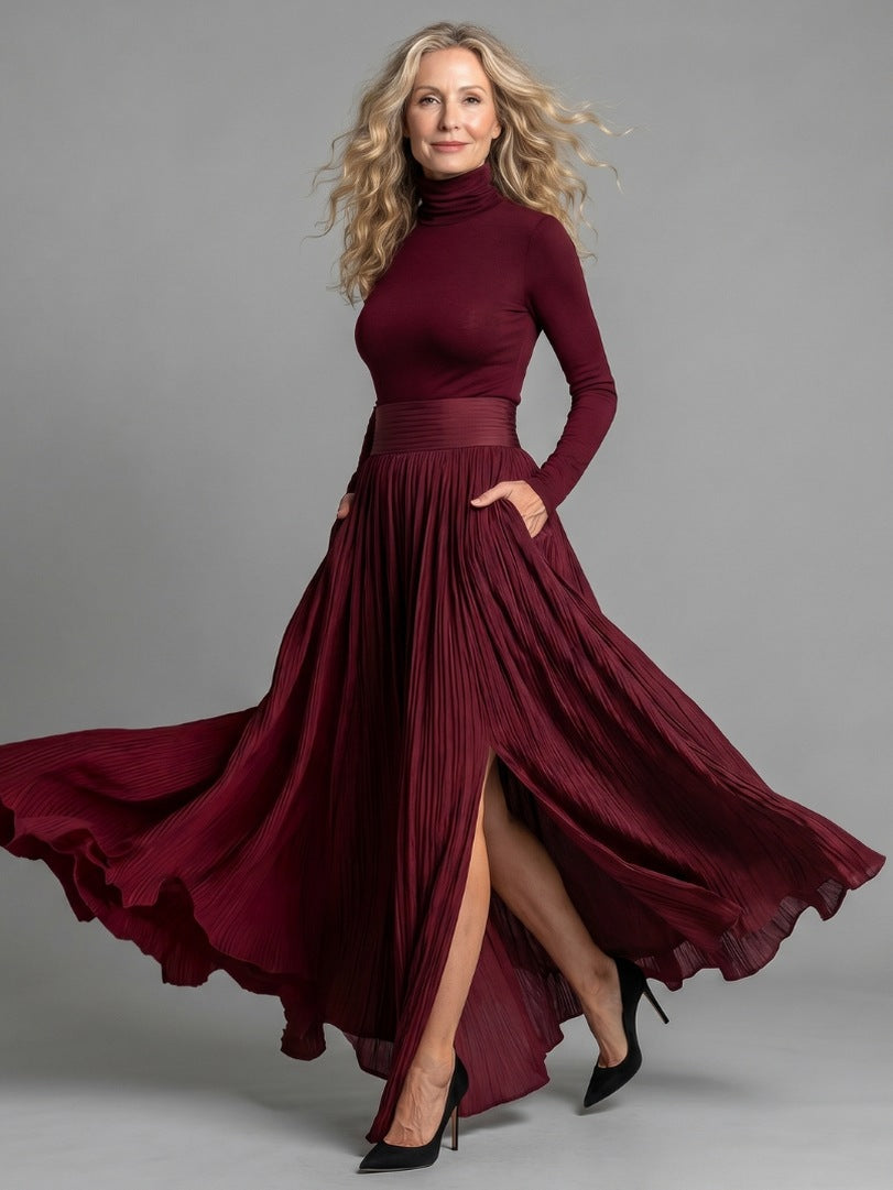 Turtleneck Sweater and Pleated Maxi Skirt Set in Red