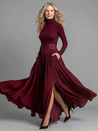 Turtleneck Sweater and Pleated Maxi Skirt Set in Red