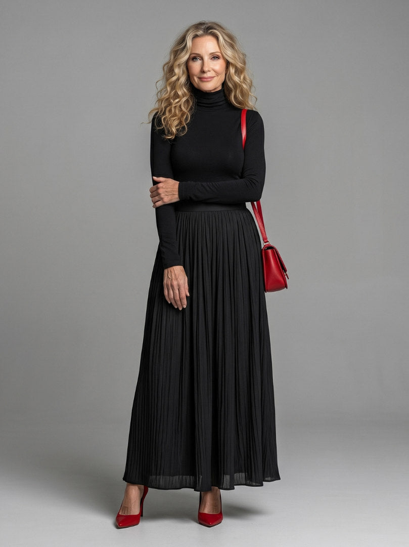 Turtleneck Sweater and Pleated Maxi Skirt Set in Black
