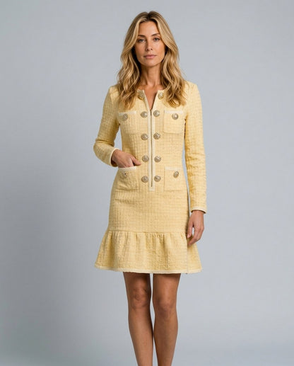 Tweed Drop Waist Mini Dress in Yellow