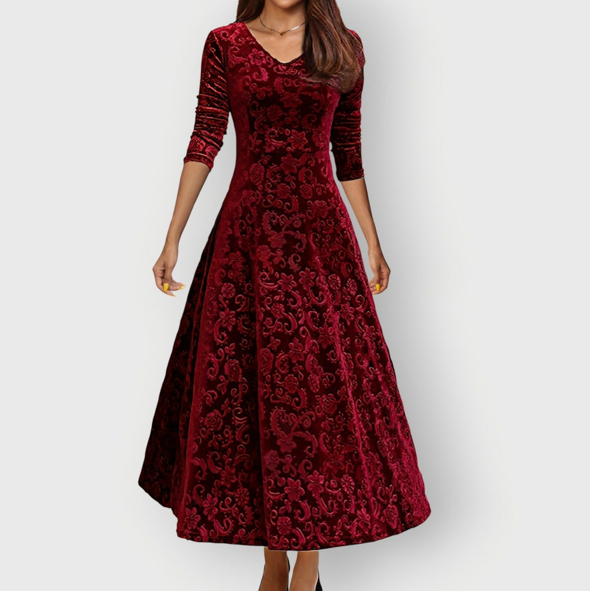 Velvet 3/4 Sleeve Midi Dress in Red