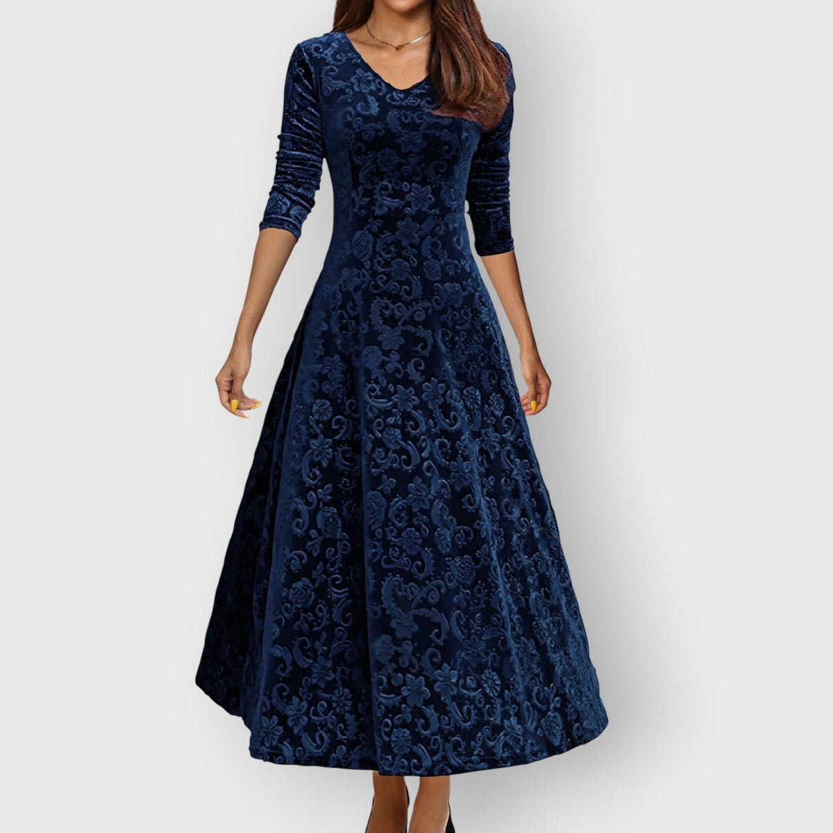 Velvet 3/4 Sleeve Midi Dress in Blue
