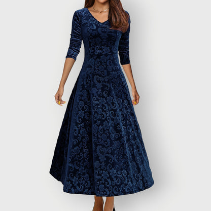 Velvet 3/4 Sleeve Midi Dress in Blue