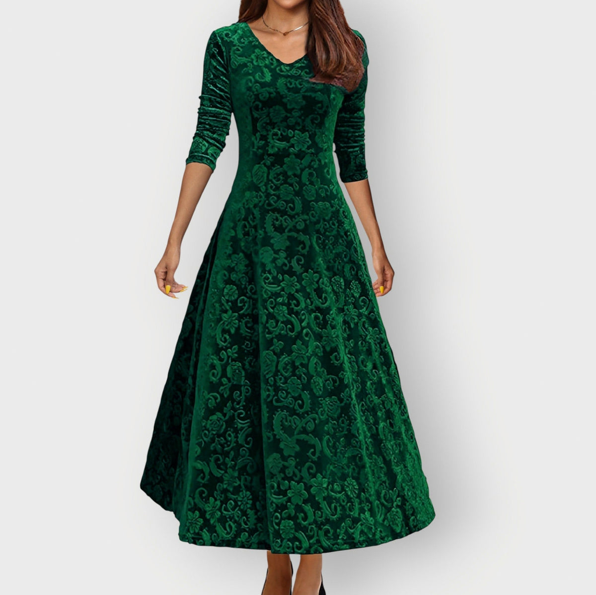 Velvet 3/4 Sleeve Midi Dress in Green