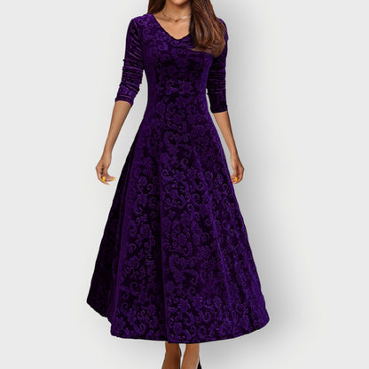 Velvet 3/4 Sleeve Midi Dress in Purple
