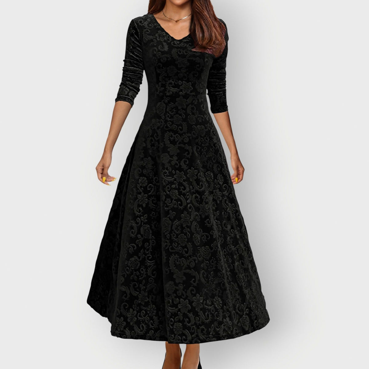 Velvet 3/4 Sleeve Midi Dress in Black