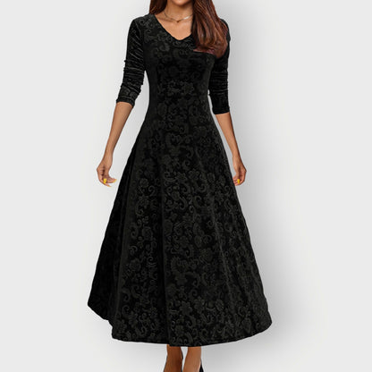 Velvet 3/4 Sleeve Midi Dress in Black