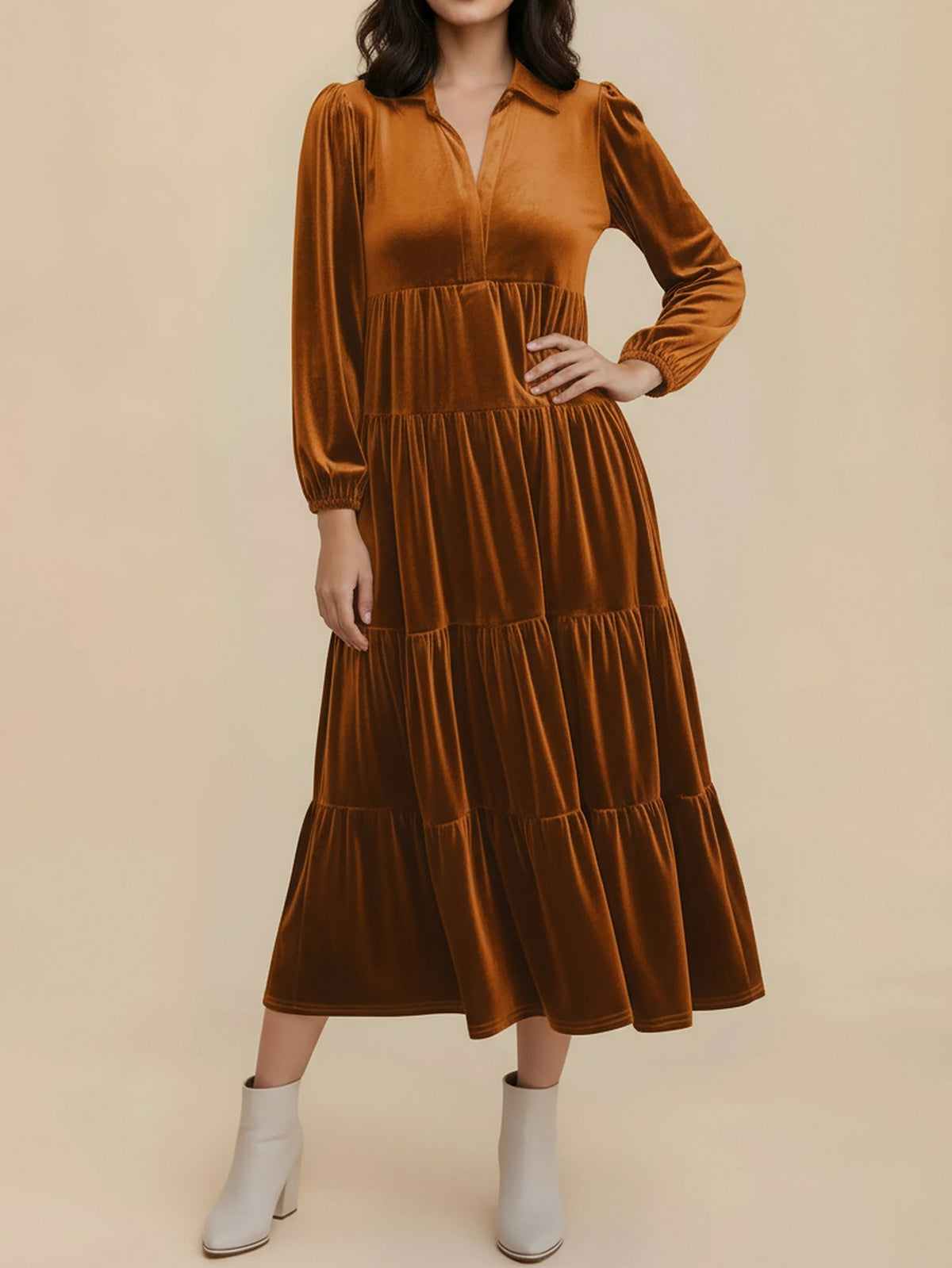 Velvet Collared Tiered Midi Dress in Rust