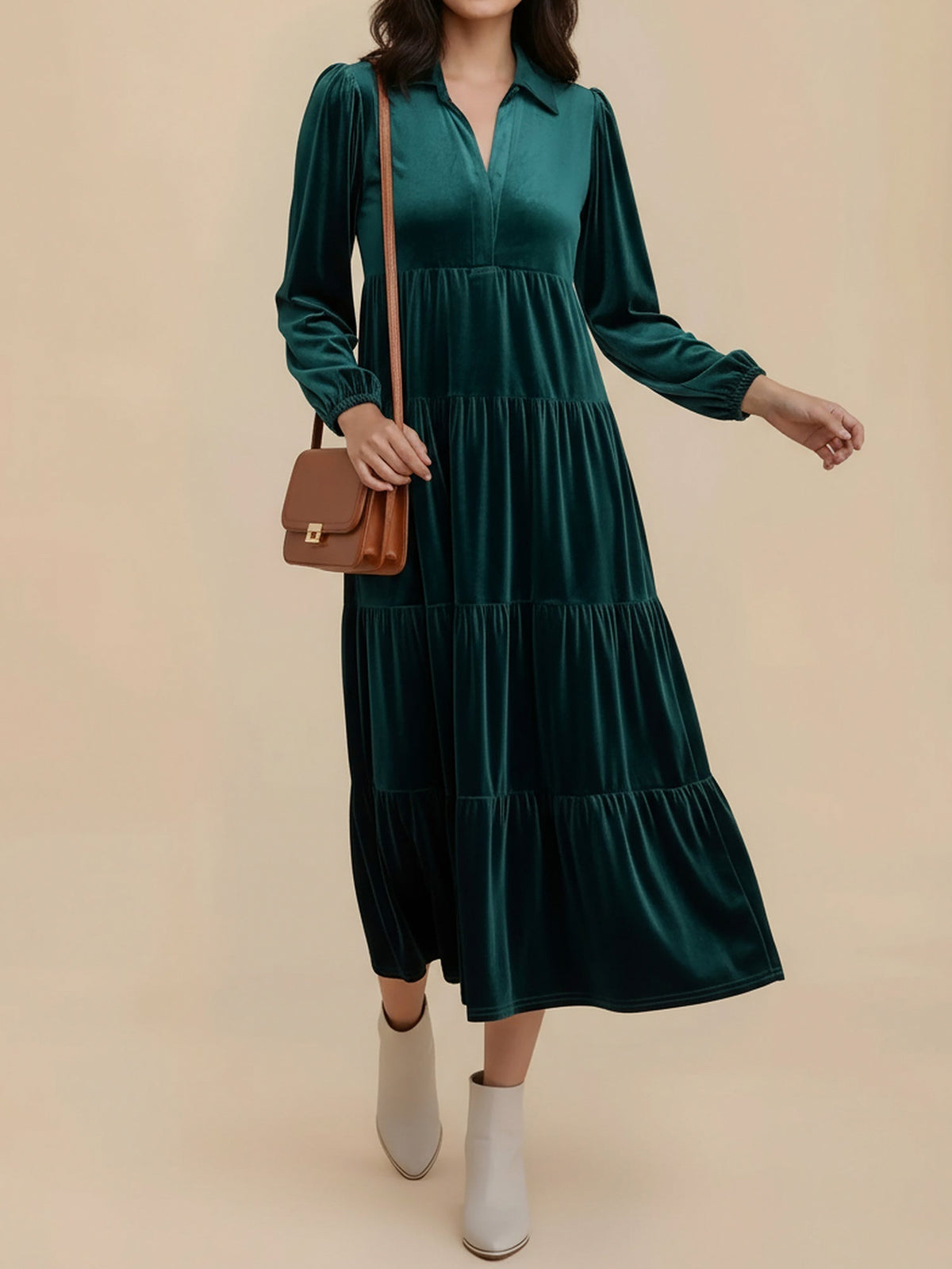 Velvet Collared Tiered Midi Dress
