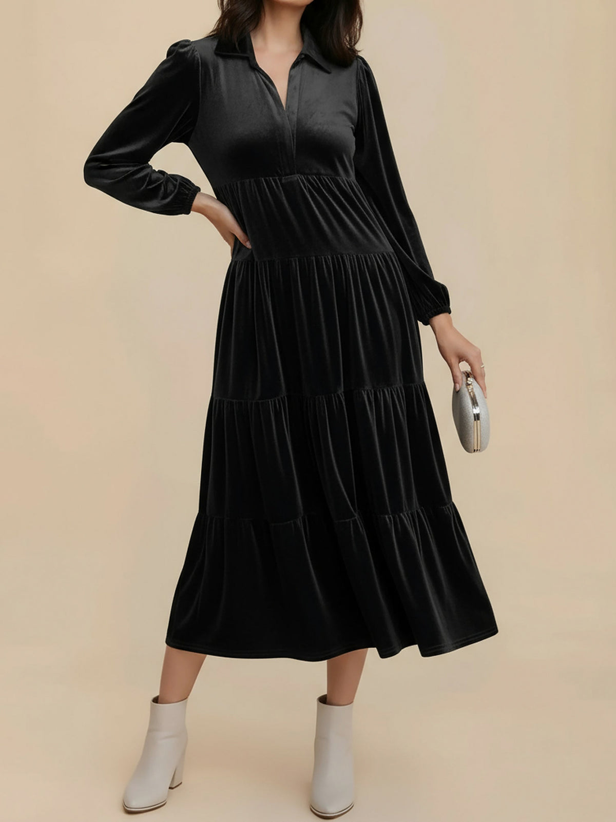 Velvet Collared Tiered Midi Dress in Black