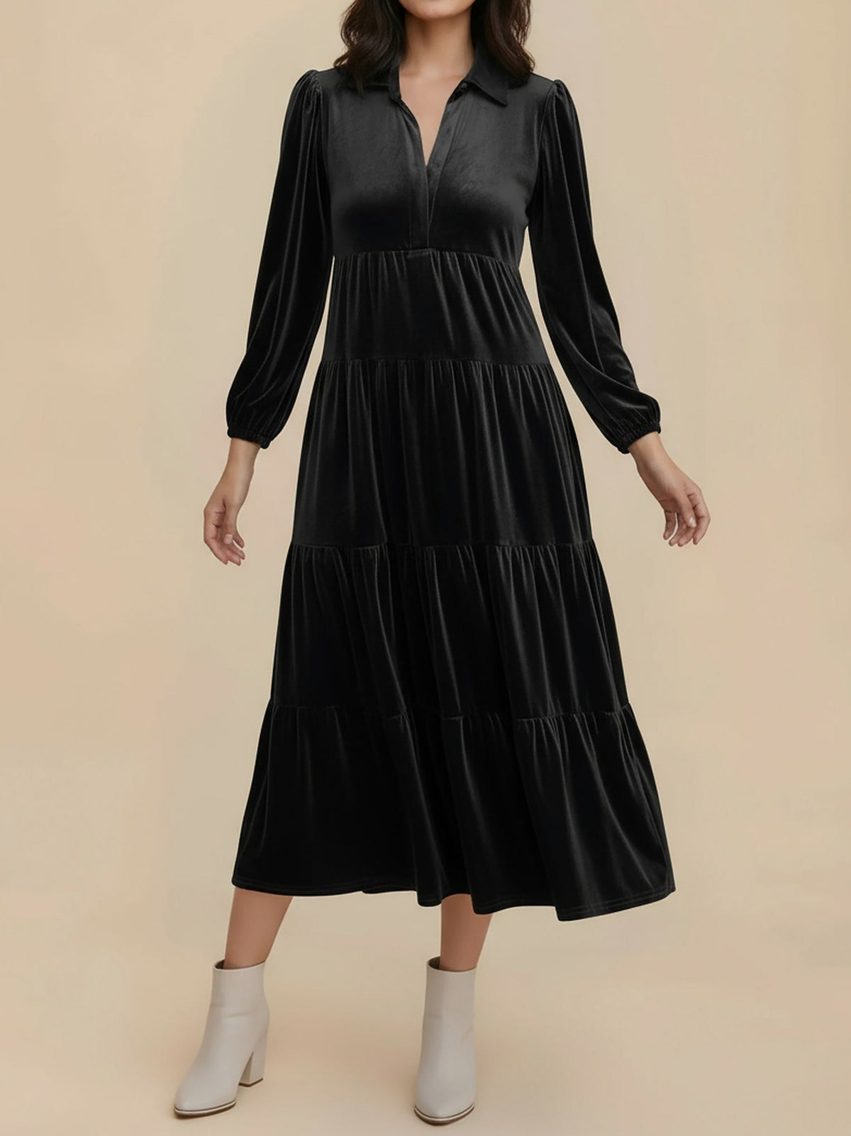 Velvet Collared Tiered Midi Dress