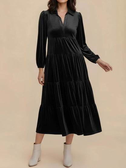 Velvet Collared Tiered Midi Dress